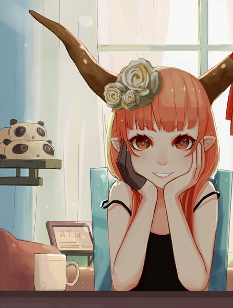 Anime picture 758x1000 with original aurum saki single long hair tall image looking at viewer blush fringe smile sitting bare shoulders hair flower horn (horns) pointy ears sunlight orange hair orange eyes clenched teeth girl gloves