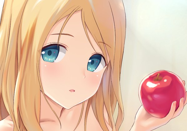 Anime picture 1000x700 with original n.g. single long hair blush open mouth blue eyes simple background blonde hair holding upper body gradient background girl fruit apple