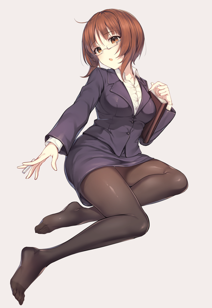 Anime picture 1374x2000 with girls und panzer nishizumi miho ikomochi single tall image fringe short hair breasts open mouth light erotic simple background brown hair sitting holding brown eyes looking away full body bent knee (knees) grey background pantyshot