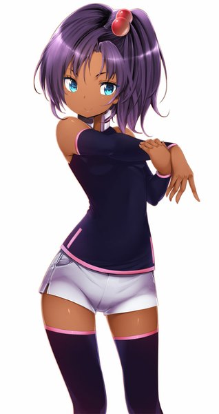 Anime picture 557x1050 with sd gundam g generation rachel ransom zizi (zz22) single tall image short hair blue eyes simple background smile white background purple hair dark skin girl thighhighs hair ornament detached sleeves shorts hair tie hair bobbles white shorts