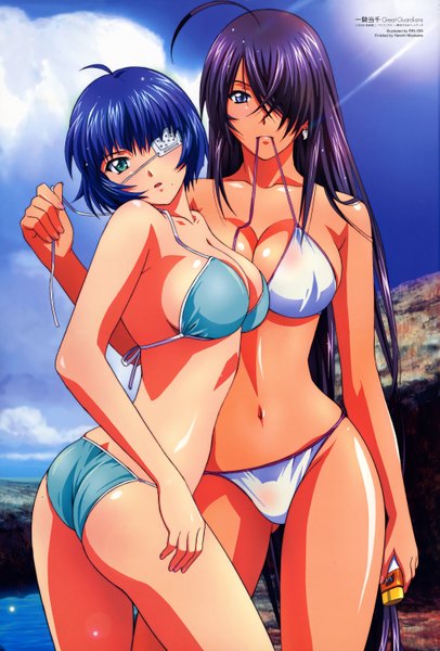 Anime picture 4092x6036 with ikkitousen megami magazine kanu unchou ryomou shimei rin sin tall image highres breasts blue eyes light erotic multiple girls green eyes blue hair absurdres purple hair ahoge official art girl 2 girls swimsuit