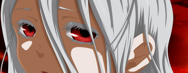 Anime picture 1600x621 with deadman wonderland shiro (deadman wonderland) flowerinhell single long hair looking at viewer fringe red eyes wide image silver hair eyebrows red background albino girl