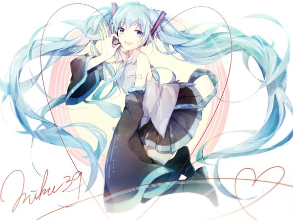 Anime picture 1000x750 with vocaloid hatsune miku peneko single looking at viewer fringe open mouth white background twintails bare shoulders bent knee (knees) very long hair aqua eyes aqua hair wide sleeves character names heart of string 39 ok sign girl