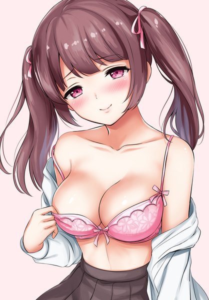 Anime picture 805x1155 with original nanashiki fuuka single long hair tall image looking at viewer blush fringe breasts light erotic simple background smile brown hair twintails bare shoulders payot head tilt pleated skirt pink eyes off shoulder
