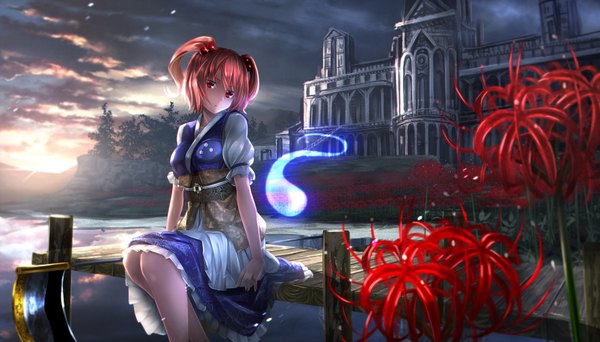 Anime picture 1754x1000 with touhou onozuka komachi ryosios looking at viewer highres short hair red eyes wide image sitting pink hair cloud (clouds) bent knee (knees) sunlight night two side up night sky sunbeam girl dress flower (flowers)