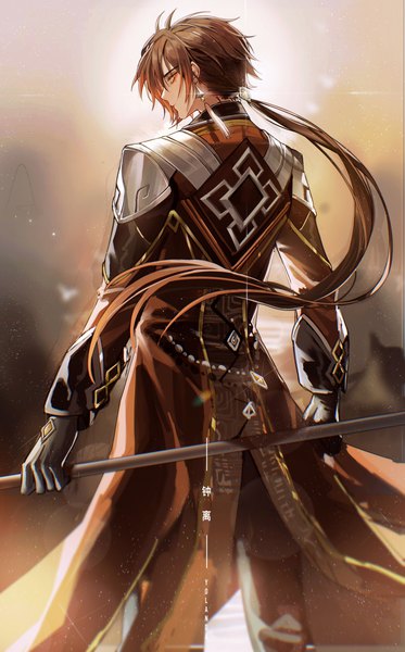 Anime picture 2927x4714 with genshin impact zhongli (genshin impact) yolanda single long hair tall image highres brown hair signed yellow eyes looking away from behind low ponytail boy gloves earrings black gloves