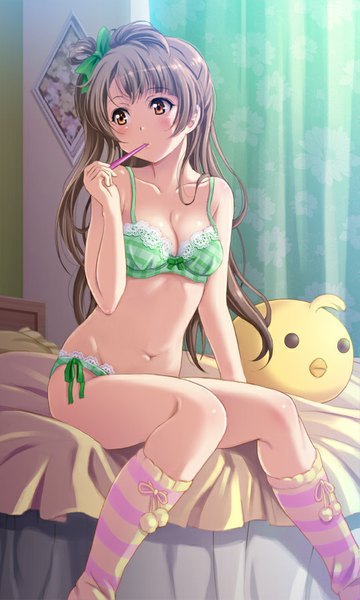 Anime picture 540x900 with love live! school idol project sunrise (studio) love live! minami kotori shian (my lonly life.) single long hair tall image blush light erotic brown hair sitting bare shoulders brown eyes looking away ponytail indoors bare belly underwear only side ponytail