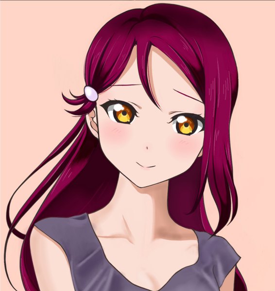 Anime picture 1067x1130 with love live! sunshine!! sunrise (studio) love live! sakurauchi riko wahako single long hair tall image looking at viewer blush fringe simple background smile yellow eyes payot upper body red hair girl hair ornament hairclip