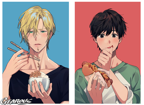 Anime picture 1200x870 with banana fish mappa ash lynx okumura eiji gearous looking at viewer blush fringe short hair simple background blonde hair hair between eyes holding brown eyes green eyes signed upper body parted lips multiple boys embarrassed