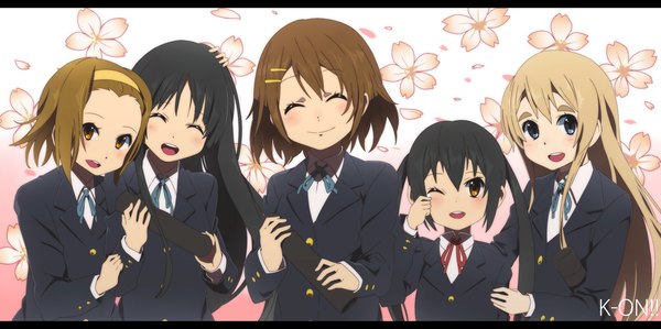 Anime picture 1680x839 with k-on! kyoto animation akiyama mio hirasawa yui nakano azusa kotobuki tsumugi tainaka ritsu hajime (hajime-ill-1st) long hair looking at viewer blush short hair open mouth blue eyes black hair blonde hair smile brown hair wide image twintails