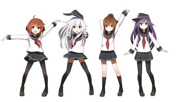 Anime picture 2088x1207 with kantai collection hibiki destroyer akatsuki destroyer inazuma destroyer ikazuchi destroyer coupon long hair looking at viewer fringe highres short hair open mouth simple background smile hair between eyes brown hair wide image standing white background purple eyes