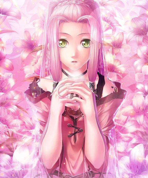 Anime picture 1000x1203 with original meganeking single long hair tall image looking at viewer bare shoulders green eyes pink hair girl dress flower (flowers) mug