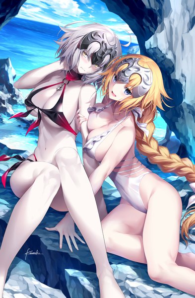 Anime picture 650x991 with fate (series) fate/grand order jeanne d'arc (fate) (all) jeanne d'arc alter (fate) jeanne d'arc (fate) kousaki rui tall image looking at viewer blush short hair breasts open mouth blue eyes light erotic blonde hair large breasts sitting bare shoulders multiple girls signed