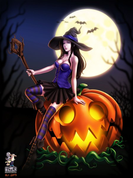 Anime picture 900x1200 with evilflesh (artist) single long hair tall image looking at viewer breasts light erotic black hair purple eyes bare shoulders lips sleeveless halloween witch girl thighhighs skirt hat animal moon