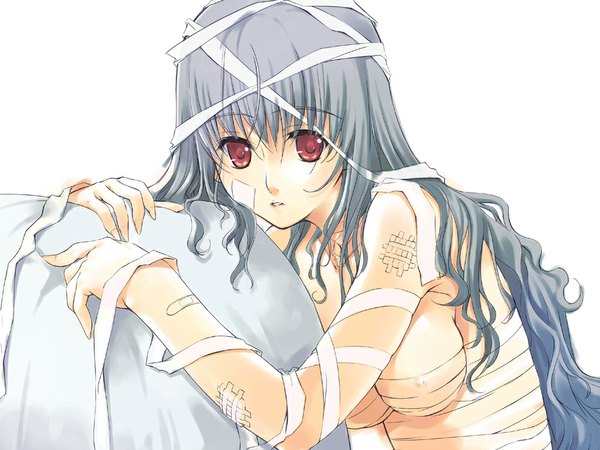 Anime picture 1024x769 with original tachibana yuu single long hair looking at viewer fringe breasts light erotic simple background red eyes white background upper body parted lips grey hair wavy hair naked bandage impossible clothes girl bandage (bandages) bandaid