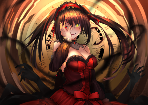 Anime picture 4961x3508 with date a live tokisaki kurumi mr2d single long hair looking at viewer blush fringe highres breasts light erotic black hair smile hair between eyes red eyes large breasts standing twintails yellow eyes payot