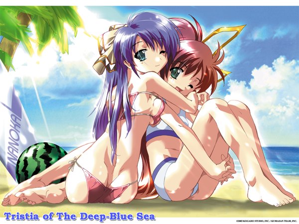 Anime picture 1600x1200 with aoi umi no tristia deep-blue series nanoca flanka faury carat light erotic beach swimsuit bikini food berry (berries) watermelon