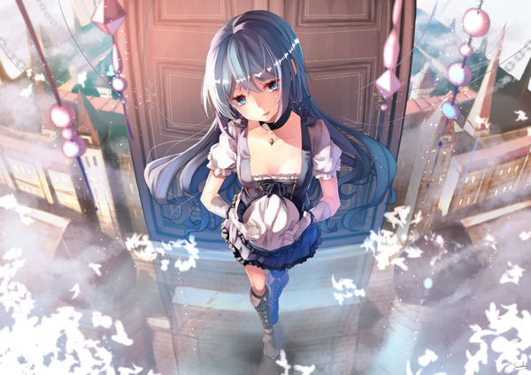 Anime picture 1400x990 with original lee-chan (saraki) saraki single long hair looking at viewer fringe blue eyes holding blue hair cleavage full body parted lips head tilt from above short sleeves puffy sleeves reflection walking frilly skirt