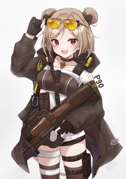 Anime picture 2894x4093 with girls frontline p90 (girls frontline) noneon319 single tall image looking at viewer highres short hair open mouth simple background red eyes brown hair standing white background :d hair bun (hair buns) character names sunglasses on head adjusting sunglasses girl