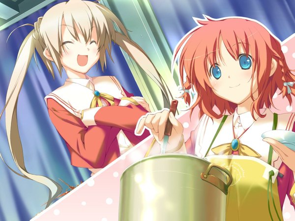 Anime picture 1600x1200 with happy margaret amagahara inaho rindou saki kokonoka long hair short hair open mouth blue eyes smile twintails multiple girls game cg white hair red hair eyes closed loli cooking girl uniform 2 girls