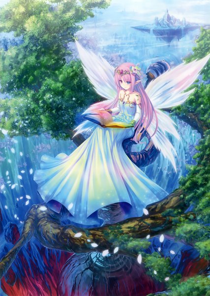 Anime picture 2351x3300 with original eshi 100-nin ten tenmaso single long hair tall image highres sitting pink hair pointy ears scan official art heterochromia girl dress hair ornament plant (plants) petals wings tree (trees)