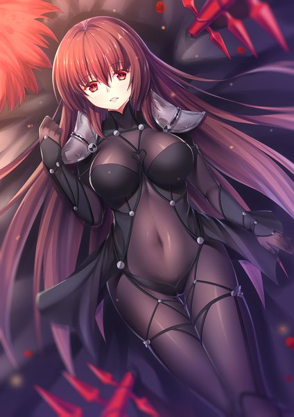 Anime picture 1080x1527 with fate (series) fate/grand order scathach (fate) (all) scathach (fate) zha yu bu dong hua single long hair tall image looking at viewer fringe breasts light erotic hair between eyes red eyes brown hair covered navel girl navel bodysuit