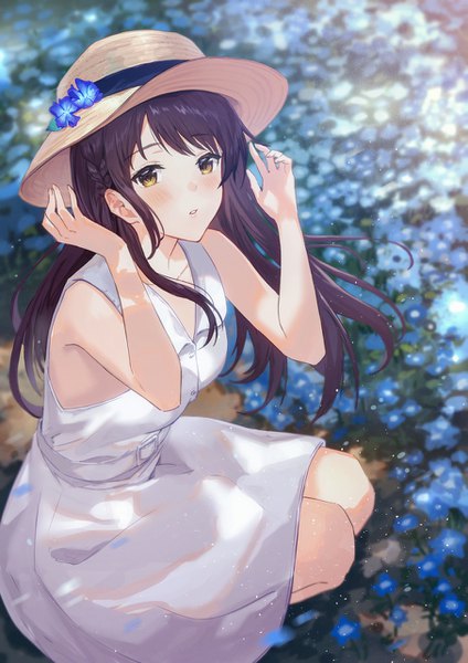 Anime picture 905x1280 with original haru (hiyori-kohal) single long hair tall image looking at viewer blush fringe brown hair bare shoulders yellow eyes payot bent knee (knees) outdoors braid (braids) parted lips from above wind sunlight blurry