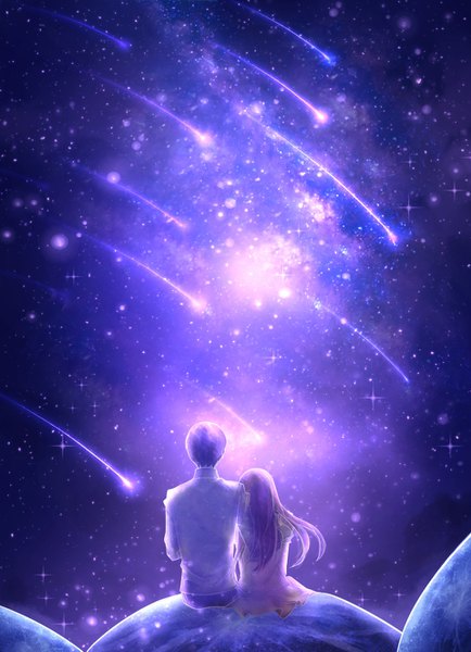 Anime picture 960x1325 with original czy long hair tall image short hair sitting wind night sparkle night sky couple hug hand on another's shoulder shooting star meteor rain head on another's shoulder girl boy star (stars) planet