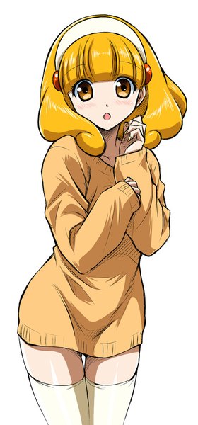 Anime picture 515x1100 with precure smile precure! toei animation kise yayoi wauwa single tall image looking at viewer blush short hair open mouth simple background blonde hair white background yellow eyes girl thighhighs white thighhighs hairband sweater