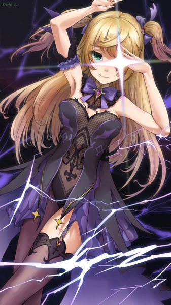 Anime-Bild 720x1280 mit genshin impact fischl (genshin impact) molmo single long hair tall image looking at viewer fringe breasts light erotic blonde hair smile green eyes signed payot arms up armpit (armpits) two side up crossed legs glowing