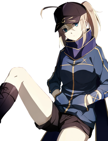 Anime picture 1000x1302 with fate (series) fate/grand order artoria pendragon (all) mysterious heroine x (fate) akami fumio single long hair tall image looking at viewer fringe blue eyes blonde hair hair between eyes sitting payot looking away ahoge bent knee (knees) ponytail head tilt