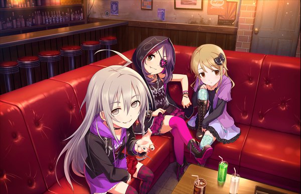 Anime picture 1280x824 with idolmaster idolmaster cinderella girls idolmaster cinderella girls starlight stage hoshi syoko hayasaka mirei morikubo nono long hair looking at viewer blush short hair open mouth blonde hair smile sitting multiple girls yellow eyes purple hair ahoge bent knee (knees) white hair