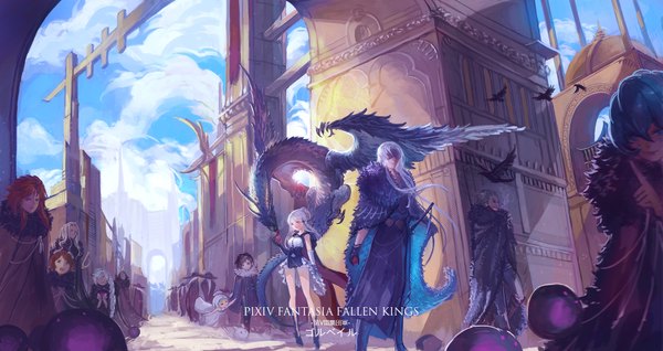 Anime picture 2261x1200 with original pixiv fantasia pixiv fantasia fallen kings quaanqin highres blue eyes red eyes brown hair wide image multiple girls brown eyes blue hair sky cloud (clouds) white hair red hair inscription multiple boys 6+ girls 6 girls