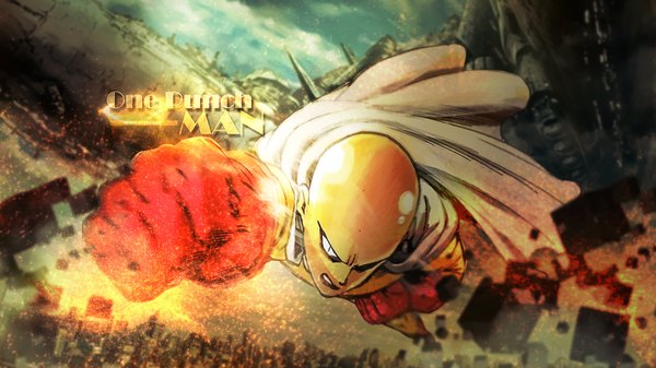 Anime picture 1920x1080 with one-punch man madhouse saitama (one-punch man) redeye27 single highres wide image from above wallpaper copyright name flying bald superhero boy gloves cape fist red gloves