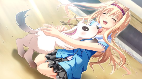 Anime picture 1024x576 with fortuna rhapsody iwagami nako long hair open mouth blonde hair wide image game cg eyes closed girl hairband dog