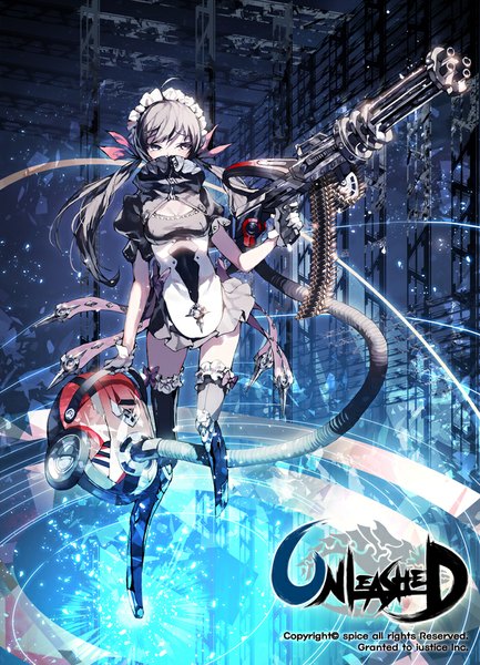 Anime picture 700x970 with unleashed ser323 single long hair tall image standing twintails bent knee (knees) grey hair maid leg lift (legs lift) girl thighhighs gloves uniform weapon black thighhighs white gloves headdress gun