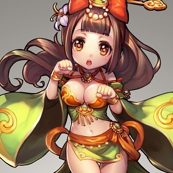 Anime picture 1024x1024 with original ryushin single long hair fringe breasts open mouth light erotic simple background brown hair yellow eyes traditional clothes fingernails grey background chinese clothes girl skirt navel detached sleeves miniskirt