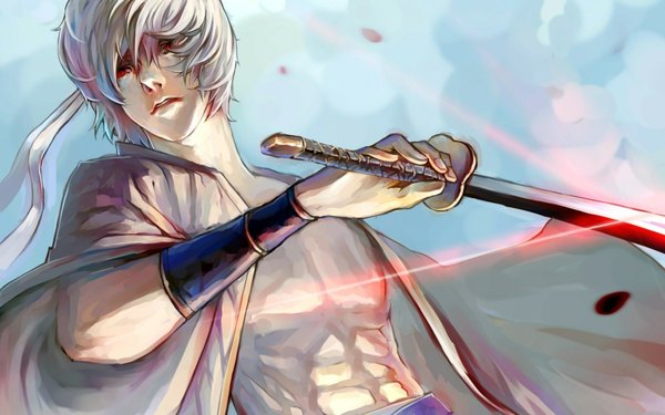 Anime picture 1680x1050 with gintama sunrise (studio) sakata gintoki shimo single short hair red eyes looking away sky white hair open clothes bare belly wallpaper muscle boy weapon petals sword hairband katana