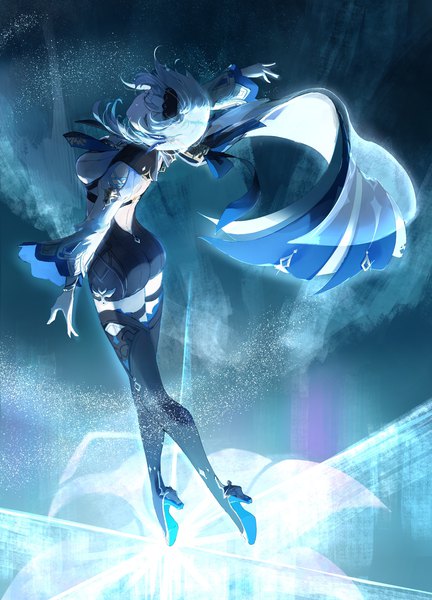 Anime picture 1654x2299 with genshin impact eula lawrence flameaqua single tall image short hair blue hair full body eyes closed high heels back spread arms bare back girl hairband