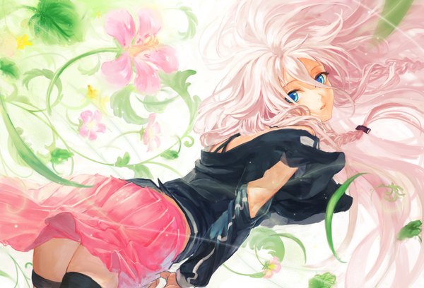 Anime picture 1467x1000 with vocaloid ia (vocaloid) yamakawa umi single long hair fringe pink hair braid (braids) looking back aqua eyes lips off shoulder twin braids weightlessness girl thighhighs skirt flower (flowers) plant (plants) leaf (leaves)