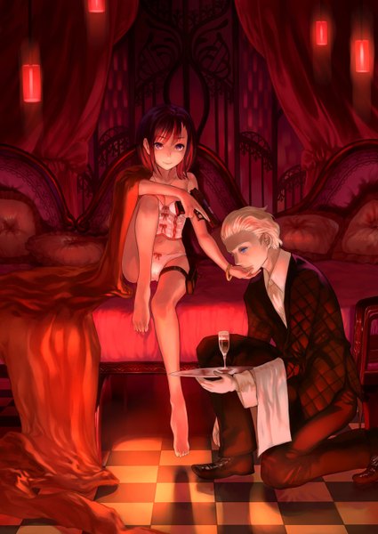 Anime picture 1024x1446 with original salmon88 tall image looking at viewer short hair blue eyes light erotic blonde hair sitting purple eyes red hair kneeling checkered floor hand on face checkered butler girl boy gloves navel