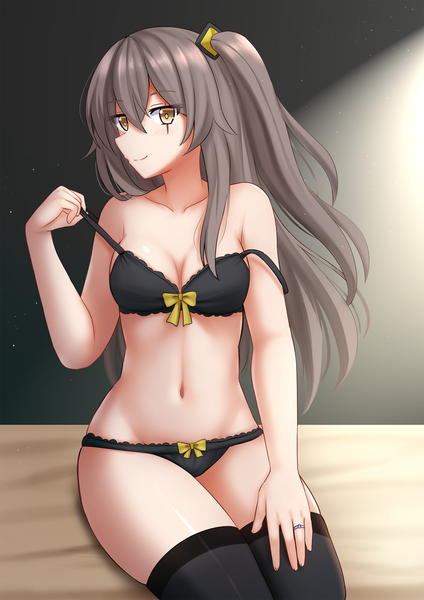 Anime picture 1200x1697 with girls frontline ump45 (girls frontline) kazenokaze single long hair tall image looking at viewer fringe breasts light erotic smile hair between eyes brown hair sitting bare shoulders yellow eyes cleavage underwear only one side up scar