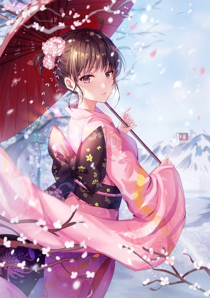 Anime picture 1488x2104 with fate (series) fate/grand order kara no kyoukai ryougi shiki shanguier single tall image looking at viewer fringe short hair hair between eyes brown hair standing purple eyes holding outdoors blunt bangs traditional clothes parted lips japanese clothes