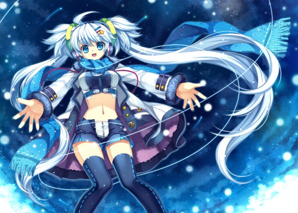 Anime picture 1300x928 with original capura lin single long hair open mouth blue eyes twintails blue hair ahoge nail polish night night sky fur trim spread arms girl thighhighs navel hair ornament black thighhighs jacket