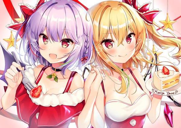 Anime picture 3541x2508 with touhou flandre scarlet remilia scarlet nenobi (nenorium) blush highres short hair open mouth blonde hair smile red eyes multiple girls holding absurdres cleavage purple hair upper body :d one side up holding hands