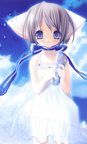 Anime picture 1239x2039 with hinayuki usa tall image blush short hair blue eyes sky grey hair girl ribbon (ribbons) sundress