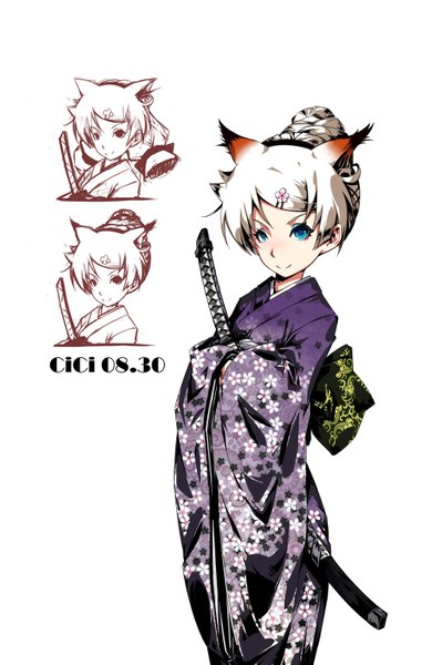 Anime picture 1000x1537 with original cici single tall image looking at viewer blue eyes smile standing white background holding animal ears white hair traditional clothes japanese clothes inscription floral print eyeshadow hands in sleeves girl hair ornament