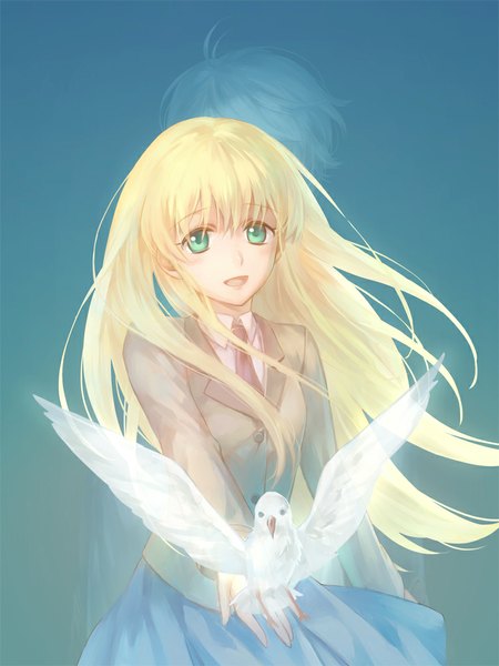 Anime picture 750x1000 with aldnoah.zero a-1 pictures slaine troyard asseylum vers allusia kanmuri (hanyifan30338) long hair tall image looking at viewer short hair open mouth blonde hair standing green eyes silver hair ahoge pleated skirt happy girl boy skirt