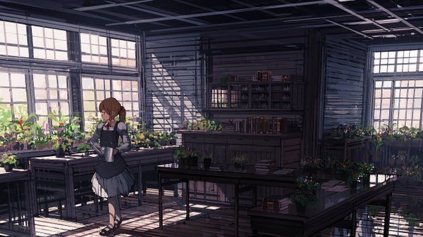 Anime picture 2560x1440 with original jean popo single long hair highres brown hair wide image brown eyes looking away ponytail girl dress flower (flowers) plant (plants) window watering can