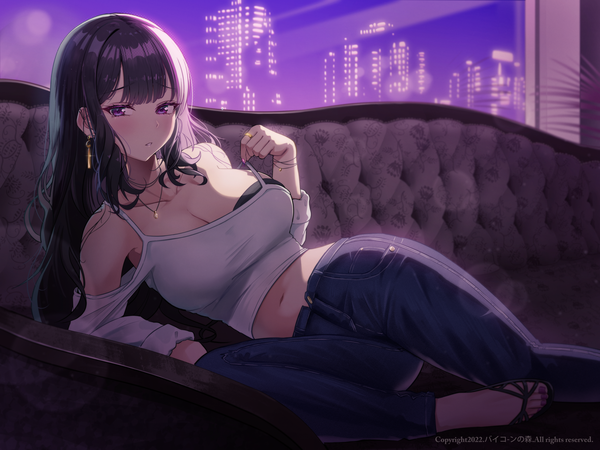 Anime picture 3360x2520 with original rank alee single long hair looking at viewer blush fringe highres breasts light erotic black hair large breasts purple eyes bare shoulders absurdres indoors blunt bangs nail polish parted lips fingernails
